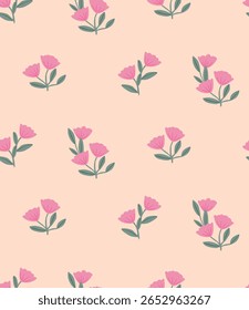 Cute Doodle Pink and green Tulip Flower Element with Leaves Floral . Abstract Organic Shape Hand Drawn Hand Drawing Cartoon. Color Seamless Pattern peach Background  For textiles, cotton fabric, cover