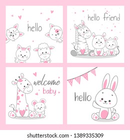 cute doodle pink greeting card vector set bundle