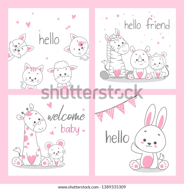 Download Cute Doodle Pink Greeting Card Vector Stock Vector Royalty Free 1389335309