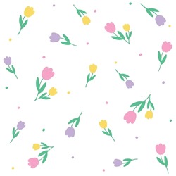Cute Doodle Pink Purple Yellow Tulip Flower Element With Leaves Floral Ditsy Leaf Polkadot Dot Confetti. Abstract Organic Shape Hand Drawn Hand Drawing Cartoon. Color Seamless Pattern White Background