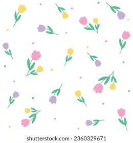 Cute Doodle Pink Purple Yellow Tulip Flower Element with Leaves Floral Ditsy Leaf Polkadot Dot Confetti. Abstract Organic Shape Hand Drawn Hand Drawing Cartoon. Color Seamless Pattern White Background