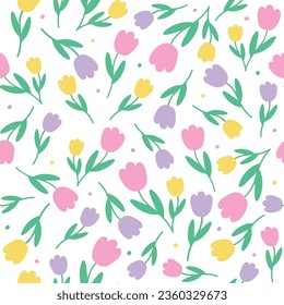 Cute Doodle Pink Purple Yellow Tulip Flower Element with Leaves Floral Ditsy Leaf Polkadot Dot Confetti. Abstract Organic Shape Hand Drawn Hand Drawing Cartoon. Color Seamless Pattern White Background