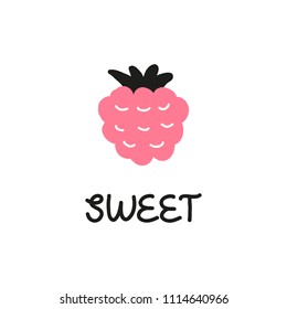 Cute doodle pink raspberry with lettering isolated on white background.