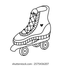 Cute doodle pink roller skates from fashion of 90s and 00s. Retro sport rollerblades as badge of Y2k. Nostalgia for vintage and 1990s aesthetic, vibes. Hand drawn outline clipart isolated on white.