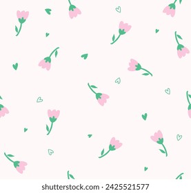 Cute doodle pink tulip flower element with heart shape. Seamless floral pattern pink background.