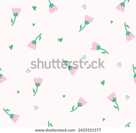 Cute doodle pink tulip flower element with heart shape. Seamless floral pattern pink background.
