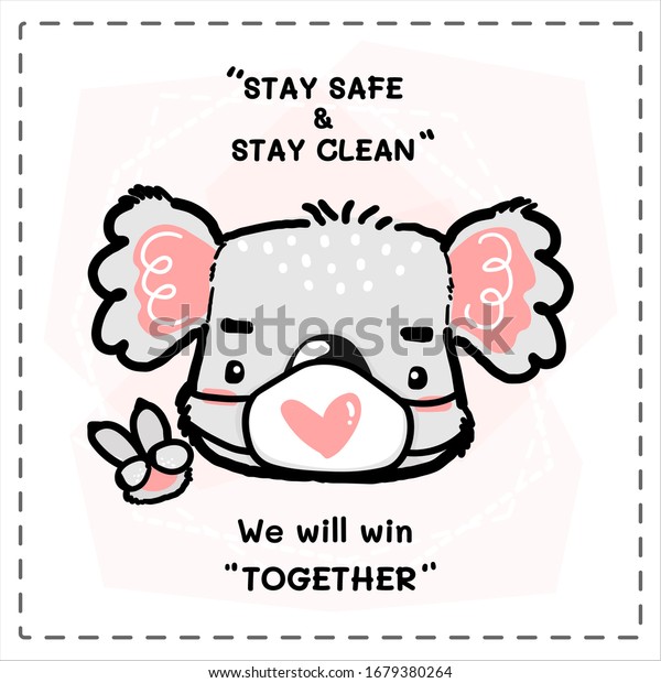 かわいい落書き風のピンクと白のコアラの顔の頭と2本の指に顔を覆い 言葉を添え 安全を保ち 清潔を保ち 私たちは一緒に勝つ のベクター画像素材 ロイヤリティフリー