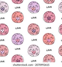 Cute doodle planets hearts in space text love pattern. For Valentine's Day, weddings. White paper for scrapbooking doodle cosmos.