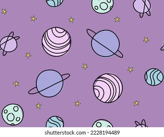Cute Doodle Planets patrón sin fisuras (fondo, papel pintado, tela)