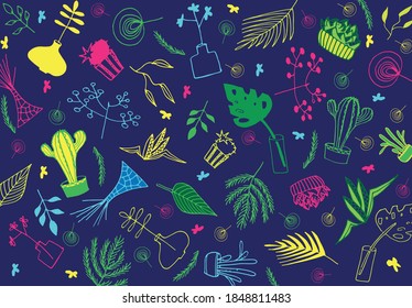 Fondo de la planta de doodle. Ilustración vectorial. conjunto de plantas verdes. cactusa. Patrón floral