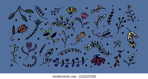 Cute doodle plants illustration. Botanical elements - leaves, flowers, herbs are isolated on muted blue background. Beautiful ethnic floral set in skandinavian folk style drawn by hand in vector.