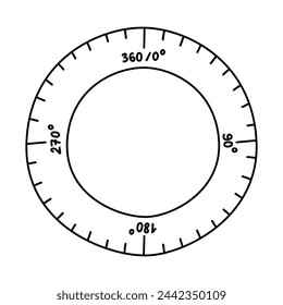 Cute doodle plastic circular protractor ruler with outline. Hand drawn tool for drawing and measurement degrees. School supply, stationery for kids, study, education and work. Vector clipart isolated