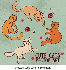 cute doodle playing cats, retro palette, set of vector illustration