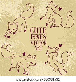 cute doodle playing foxes, set of vector illustrations