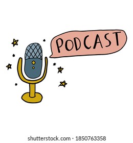 Cute doodle Podcast Konzept mit Mikrofon und Schrift einzeln auf weißem Hintergrund. Vektorgrafik. 