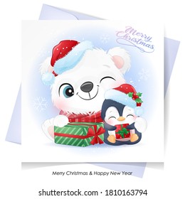 Cute doodle polar bear and penguin for christmas with watercolor illustration