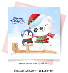 Cute doodle polar bear and penguin for christmas day with watercolor illustration