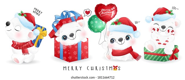 Cute doodle polar bear set for christmas day with watercolor illustration