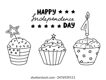 Cute doodle poster for US Independence day with holiday cupcakes with USA flag and lettering United We Stand. Outline icing muffin as symbol of 4th July. Hand drawn illustration isolated on white.