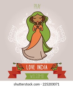 cute doodle praying indian girl, banner for travel to india, vector illustration