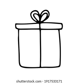 Cute doodle present, gift box. Hand drawn vector illustration. Element for greeting cards, posters, stickers and seasonal design. Isolated on white background