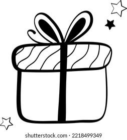 Cute doodle present, gift box with bows. Hand drawn icons. Gift wrap, package. Element for greeting cards, posters, stickers and seasonal design. Isolated on white background with stars.