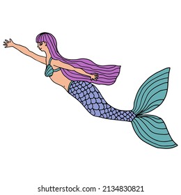 Cute doodle pretty mermaid swimming isolated on white background. Underwater creature. 