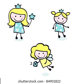 Cute doodle princess collection isolated on white - blue Smiling cute princess girls - vector cartoon Illustration.