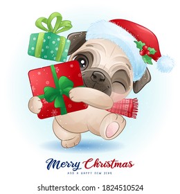 Cute doodle pug for christmas day with watercolor illustration