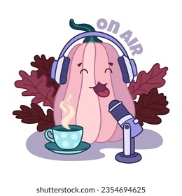 Carácter de calabaza de garabato en el aire. Concepto de podcast de otoño. Ilustración vectorial de dibujos animados. Bloguera antropomórfica con auriculares, micrófono y taza de café. Blogueo en la atmósfera.