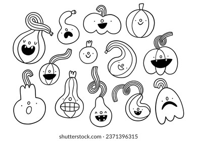 Cute doodle pumpkins of different shapes in black outline, cartoon vector Halloween illustrations set