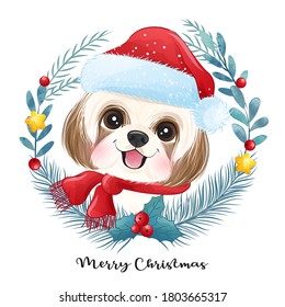 Cute doodle puppy for christmas with watercolor illustration