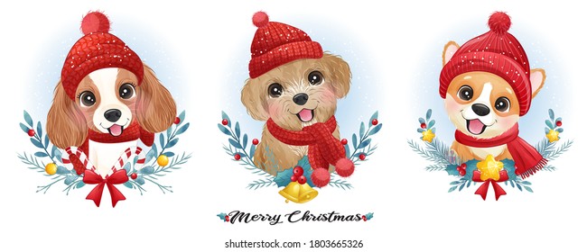 Cute doodle puppy for christmas with watercolor illustration