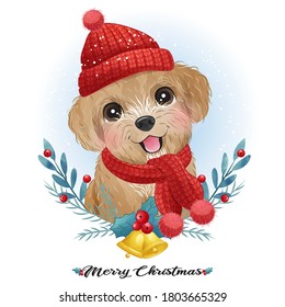 Cute doodle puppy for christmas with watercolor illustration