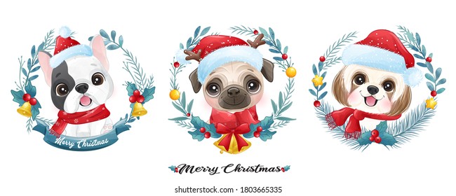 Cute doodle puppy for christmas with watercolor illustration