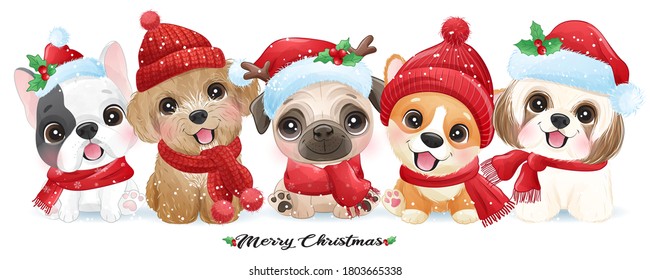 Cute doodle puppy for christmas with watercolor illustration