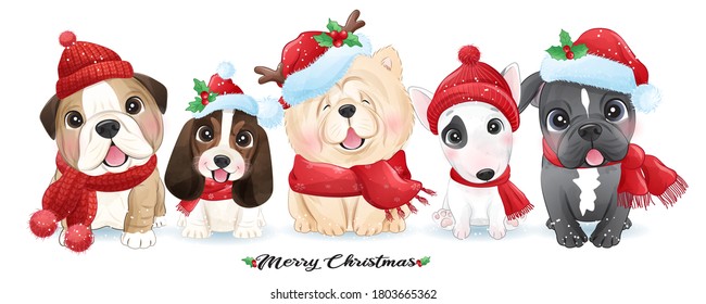 Cute doodle puppy for christmas with watercolor illustration