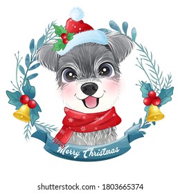 Cute doodle puppy for christmas with watercolor illustration