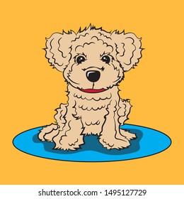 cute doodle puppy sitting on a blue carpet. Vector illustration.