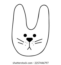 Cute doodle rabbit face from the collection of girly stickers. Cartoon vector white and black illustration.