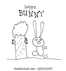 Cute doodle rabbit isolated on white background. Child drawing style. Design elements for textile print, fun greeting cards and kids coloring.