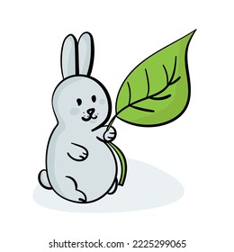 Cute doodle rabbit with a leaf, cute animal character for postcard or design vector illustration