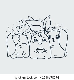 Cute doodle rabbits. Hand drawn vector illustration. Nice for t-shirt print, kids wear fashion design, baby shower invitation and greetings card.