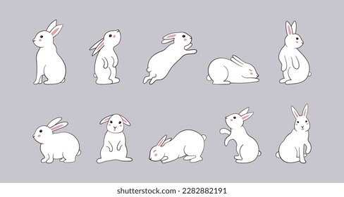 Cute doodle rabbits, white bunny characters. Sketch hand drawn line logo, adorable animal collection, happy nature. Easter symbol, running sitting and lying hares. Vector utter illustration