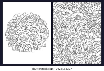 Cute doodle rainbows coloring pages set. Fantasy background for coloring book  in US Letter format. Vector illustration