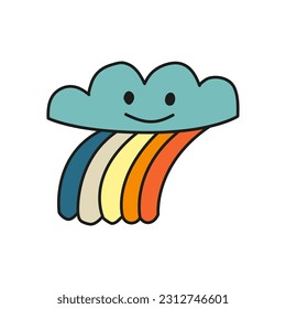 Cute doodle rainy cloud in retro groovy style. Colored hipster symbol.