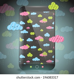 Cute doodle rainy clouds pattern on smart phone. Image for your wallpaper, background or wrapping paper and textile fabric.