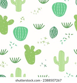 Cute doodle with random textured cactus in flat design. Childish seamless pattern, suitable for background, wallpaper, wrapping paper, fashion, and more