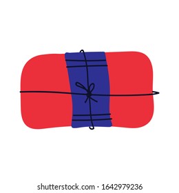 Cute doodle red and blue present isolated on white background. Vector illustration for wrapping paper, card, postcard, poster, text space. Minimalist holiday background, invitation, cover.