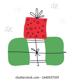 Cute doodle red and green presents isolated on white background. Vector illustration for wrapping paper, card, postcard, poster, text space. Minimalist holiday background, invitation, cover.